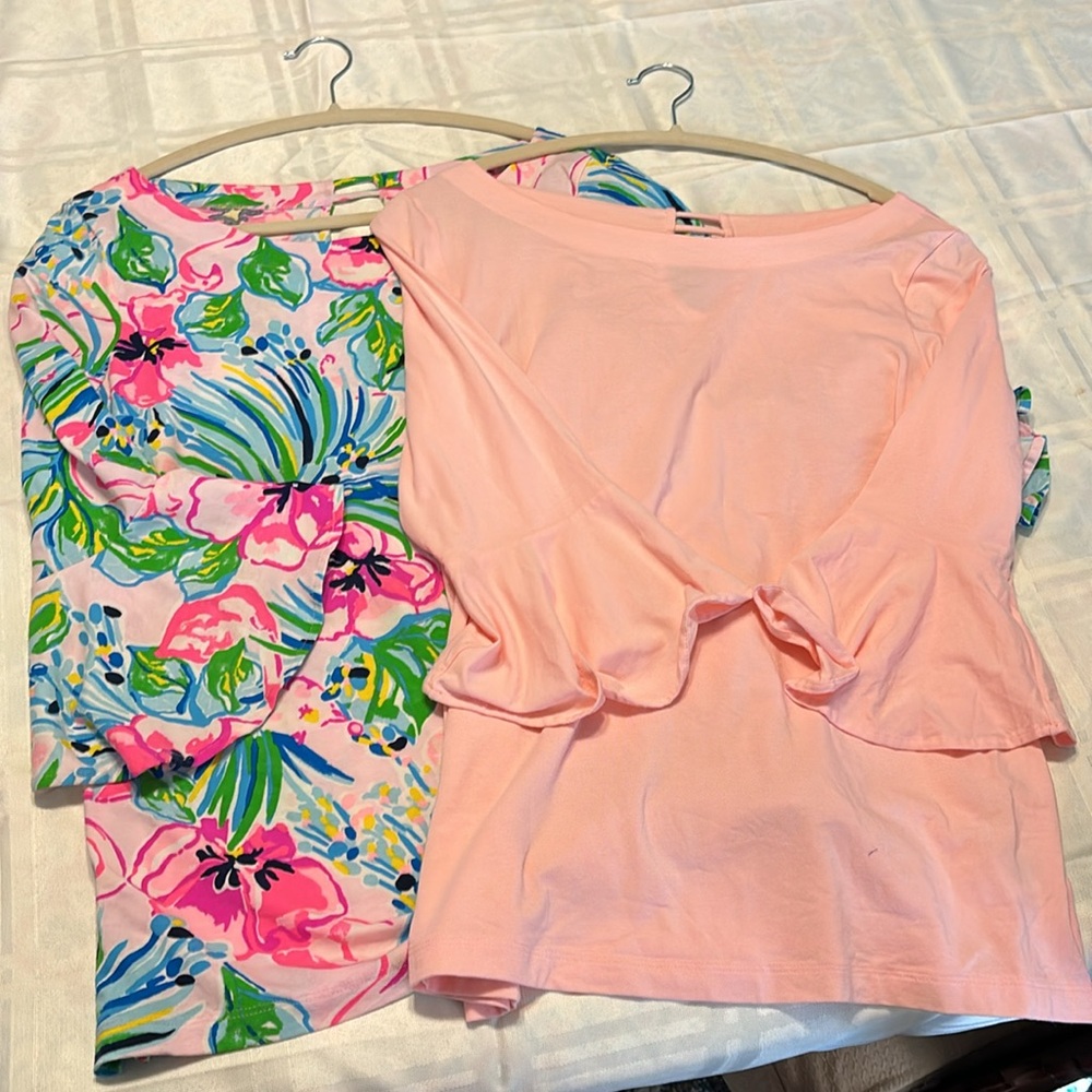 Two!  
(1) Pink AND (1) Floral Lilly Pulitzer Medium Fontaine Bell Sleeve Top